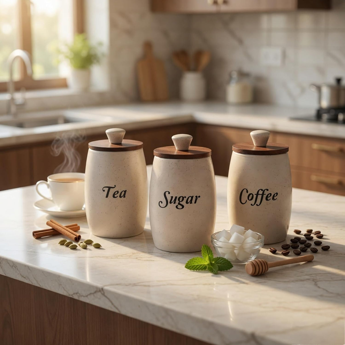 OCEAN STORE Ceramic Tea Coffee Sugar Container Set of 3, Cream, Airtight Wooden Lids, Handcrafted, 400ml Each, Microwave and Dishwasher Safe