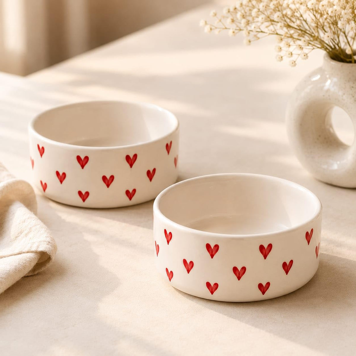 OCEAN STORE Ceramic Bowl with Hand-Painted Red Hearts, 250ml, Microwave & Dishwasher Safe, for Snacks, Fruits, Desserts (Set of 1)