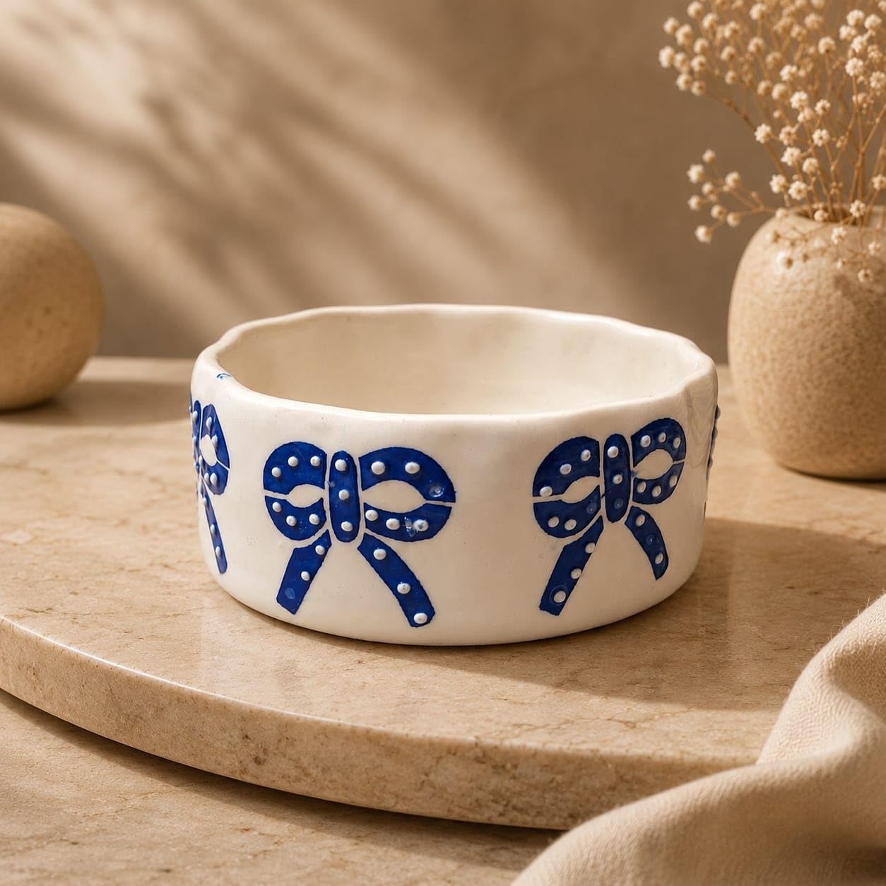 OCEAN STORE Ceramic Ribbon Bowl 250ml | Cute Hand-Painted Ribbon Bow Tie Snack and Serving Bowl | Microwave and Dishwasher Safe Ceramic Bowl (Blue Ribbon, Set of 1)