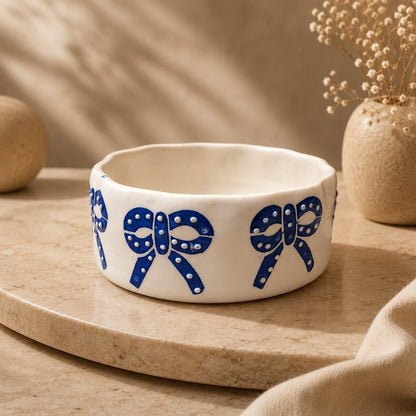OCEAN STORE Ceramic Ribbon Bowl 250ml | Cute Hand-Painted Ribbon Bow Tie Snack and Serving Bowl | Microwave and Dishwasher Safe Ceramic Bowl (Blue Ribbon, Set of 1)