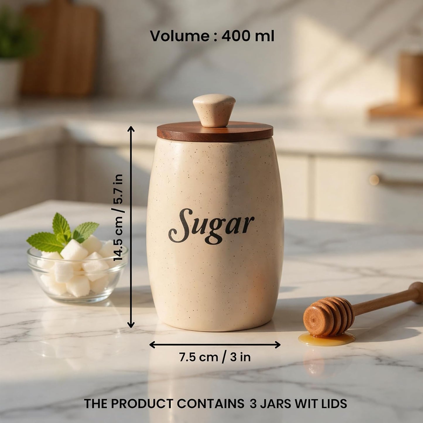 OCEAN STORE Ceramic Tea Coffee Sugar Container Set of 3, Cream, Airtight Wooden Lids, Handcrafted, 400ml Each, Microwave and Dishwasher Safe