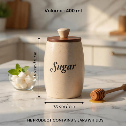 OCEAN STORE Ceramic Tea Coffee Sugar Container Set of 3, Cream, Airtight Wooden Lids, Handcrafted, 400ml Each, Microwave and Dishwasher Safe