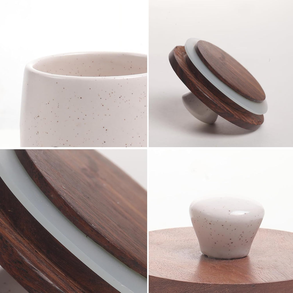 OCEAN STORE Ceramic Tea Coffee Sugar Container Set of 3, Cream, Airtight Wooden Lids, Handcrafted, 400ml Each, Microwave and Dishwasher Safe