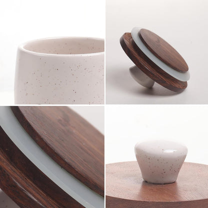 OCEAN STORE Ceramic Tea Coffee Sugar Container Set of 3, Cream, Airtight Wooden Lids, Handcrafted, 400ml Each, Microwave and Dishwasher Safe