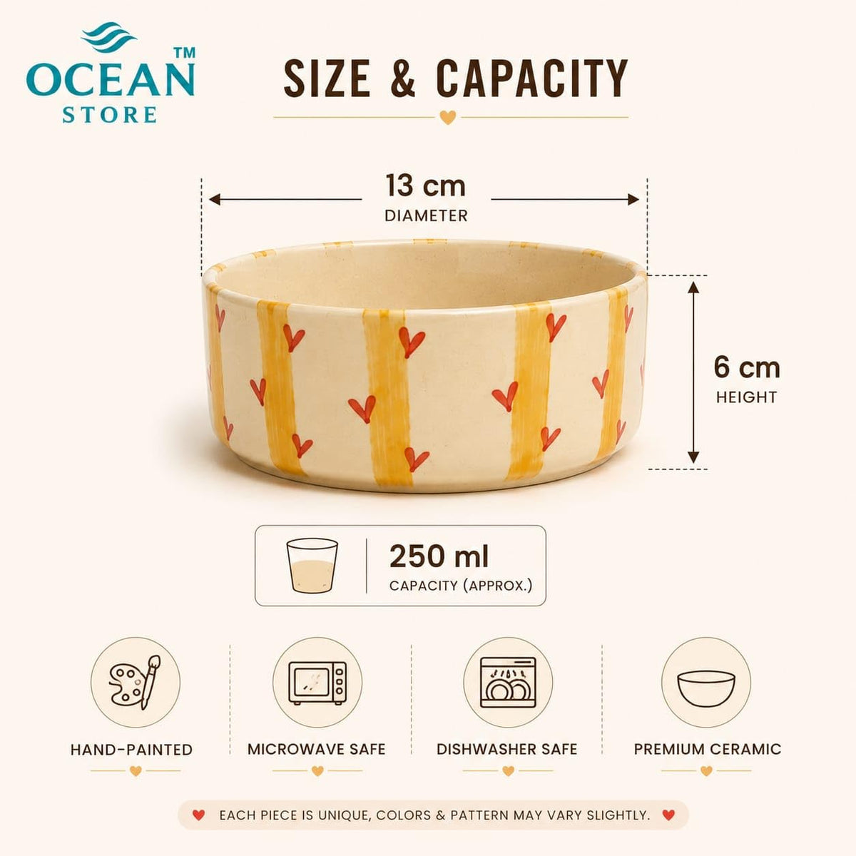 OCEAN STORE Hand-Painted Premium Ceramic Bowl | Yellow Stripes with Red Hearts | 250ml Microwave & Dishwasher Safe Small Round Serving Bowl for Snacks, Fruits & Desserts (Set of 1)
