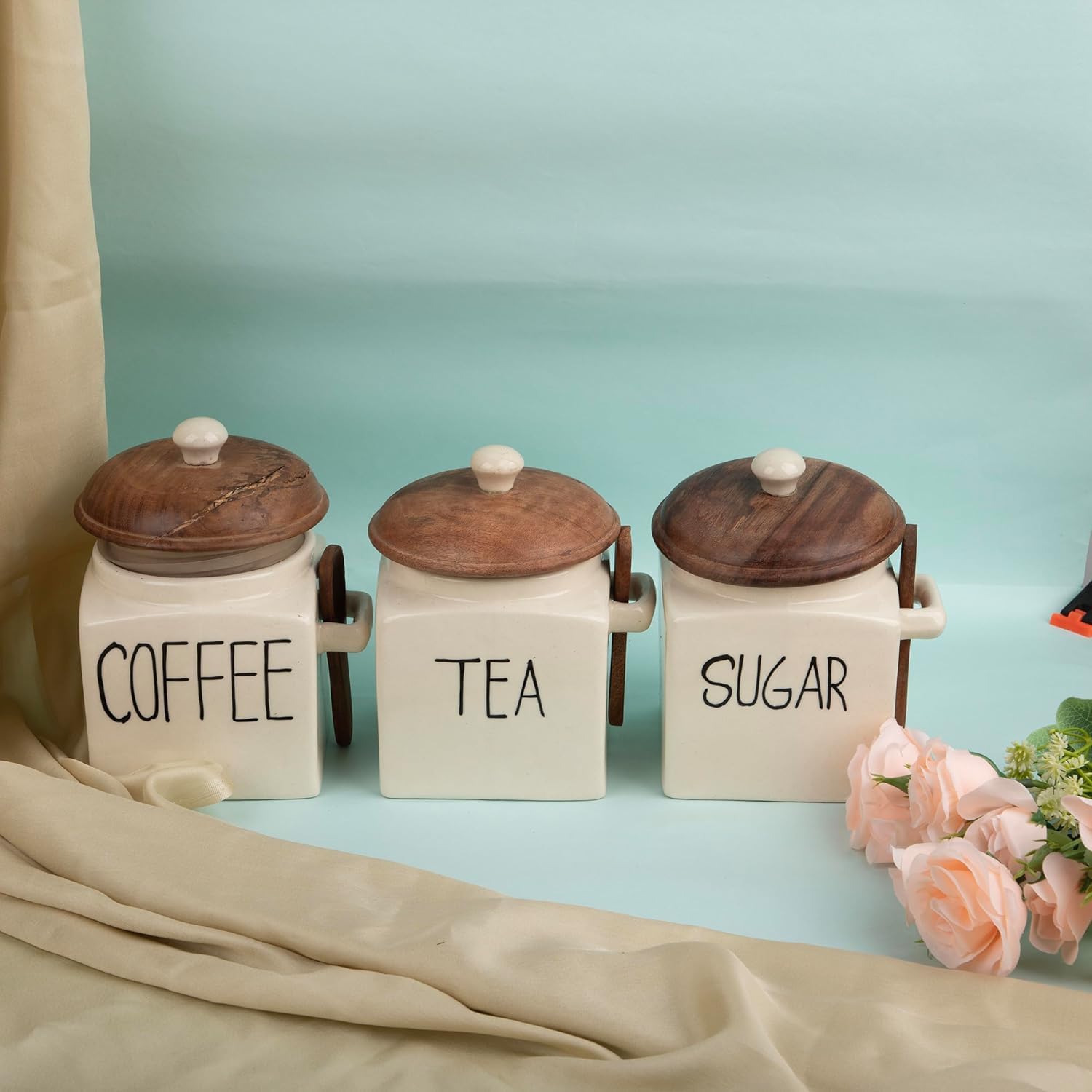 OCEAN STORE Ceramic Storage Canister with Wooden Lid, Cream, 900ml, Handcrafted Airtight Container with Screw-in Lid and Spoon Holder, Food Safe, Microwave Safe, BPA Free (1, Salt)