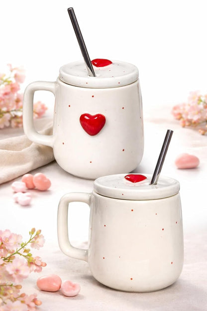 OCEAN STORE Ceramic Coffee Mug with Lid and Stainless Steel Straw (450ml) – Handcrafted 3D Heart Embossed Reusable Tumbler for Tea, Coffee, and Milk (Pack of 1) (Pack of 1)