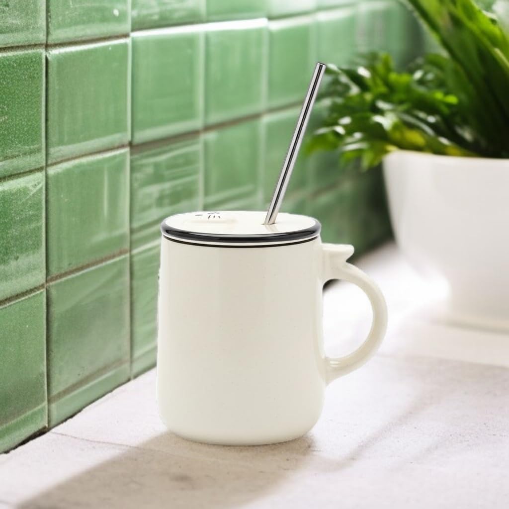 OCEAN STORE Ceramic Tumbler Mug with Lid and Stainless Steel Straw, White, 450ml, Cute Kitten Design, for Hot and Cold Drinks (Pack of 1) (Pack of 1)