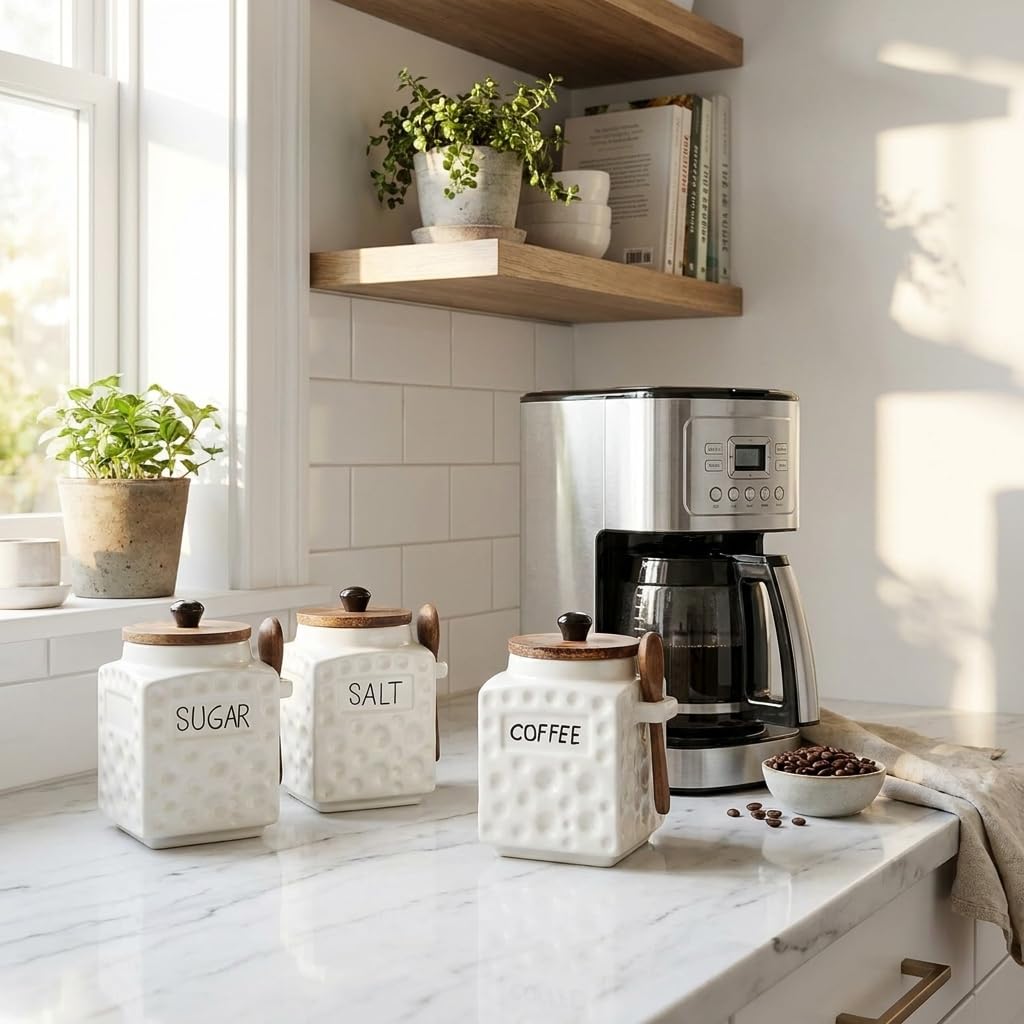 OCEAN STORE Ceramic Dotted Jar Set of 3 with Wooden Lids & Spoons - Airtight Kitchen Storage Canisters for (Sugar + Salt + Coffee)