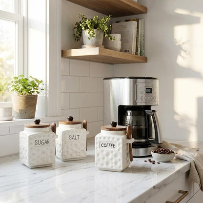 OCEAN STORE Ceramic Dotted Jar Set of 3 with Wooden Lids & Spoons - Airtight Kitchen Storage Canisters for (Sugar + Salt + Coffee)
