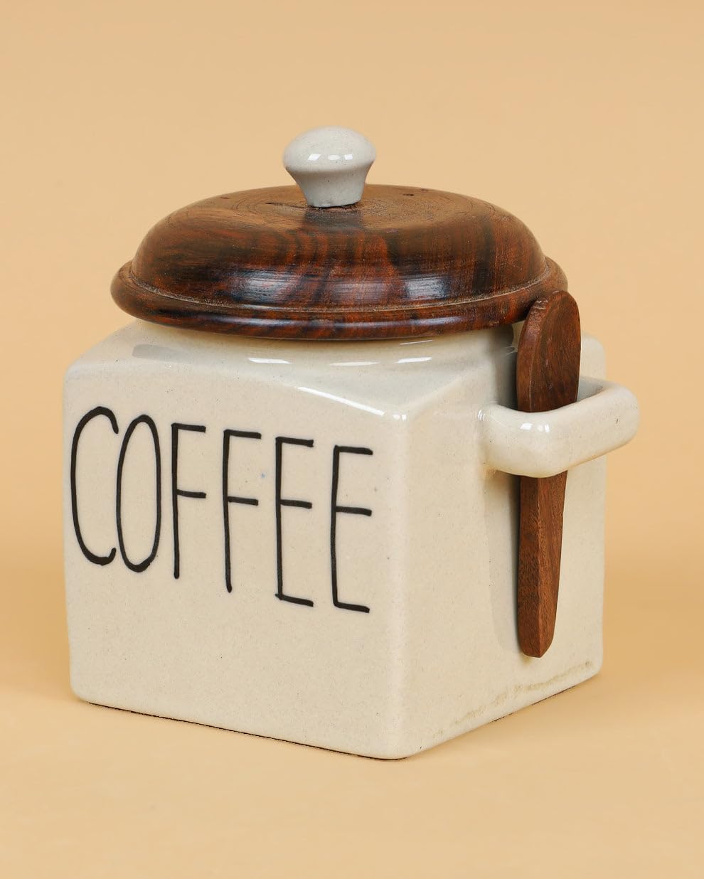 OCEAN STORE Ceramic Storage Canister with Wooden Lid, Cream, 900ml, Handcrafted Airtight Container with Screw-in Lid and Spoon Holder, Food Safe, Microwave Safe, BPA Free (1, Salt)