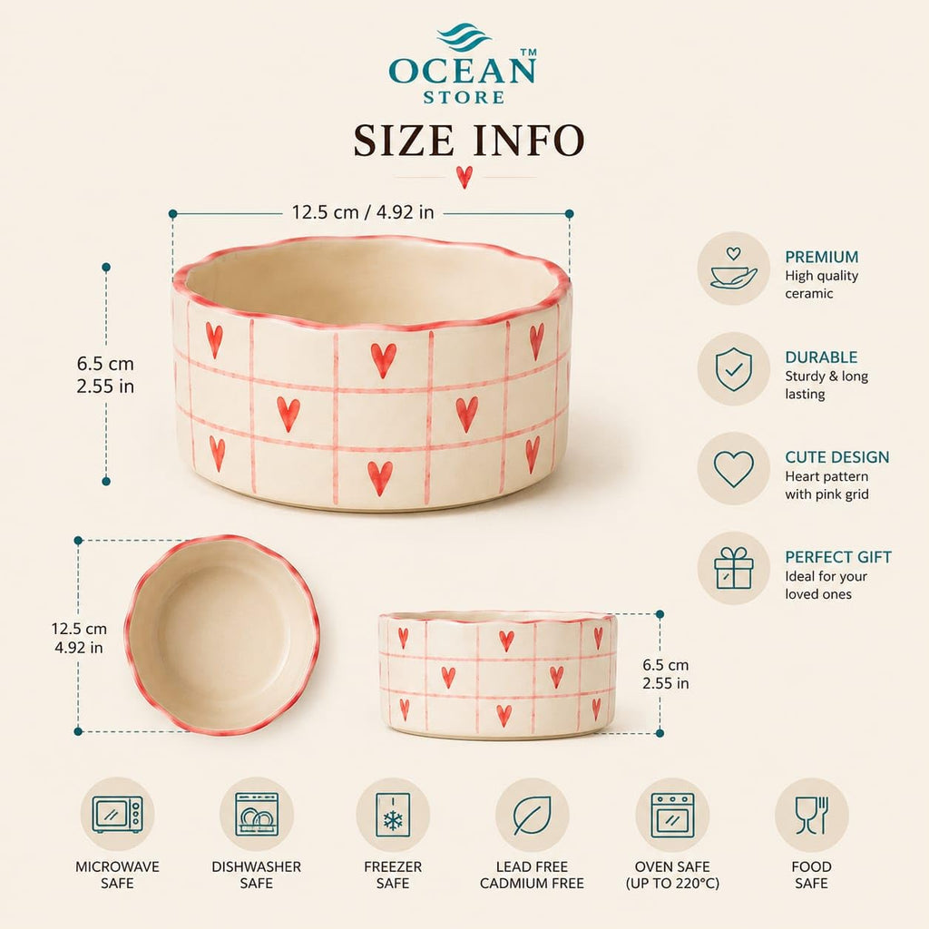 OCEAN STORE Ceramic Bowl with Red Heart Grid Pattern 250ml | Wavy Rim Cute Serving Bowl for Breakfast, Cereal, Salad, Fruits | Microwave & Oven Safe (Set of 2)
