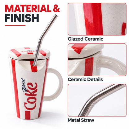 OCEAN STORE Ceramic Sipper Mug with Lid and Steel Straw, 400 ml, Red and White Striped Drinking Cup with Handle for Home and Office, Set of 1