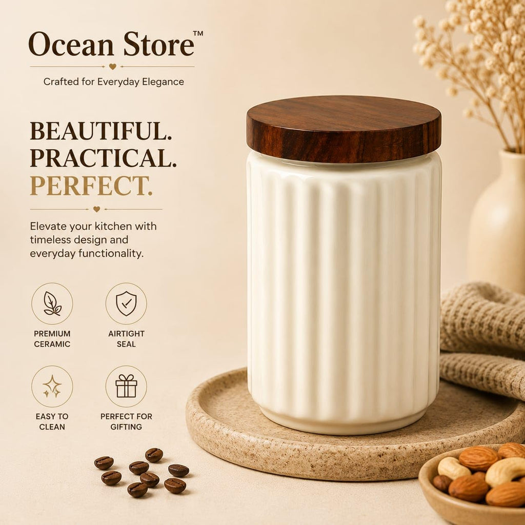 OCEAN STORE Airtight Ceramic Jar with Wooden Lid, 900ml, Cream, Square, Kitchen Container for Sugar, Tea, Salt, Pickles (White)