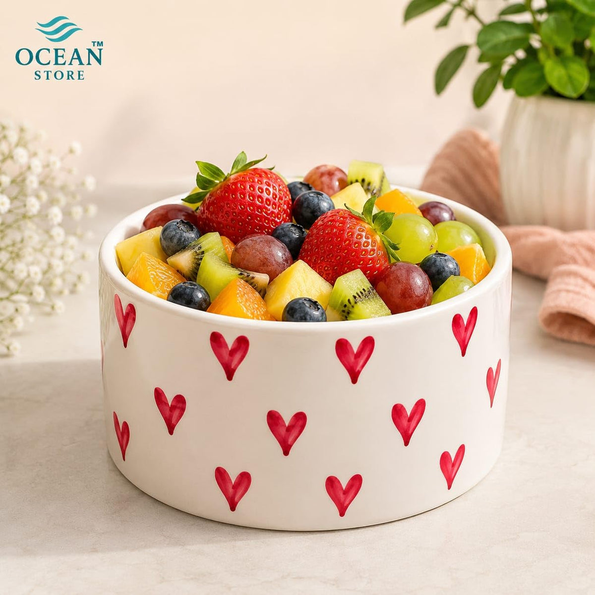 OCEAN STORE Ceramic Bowl with Hand-Painted Red Hearts, 250ml, Microwave & Dishwasher Safe, for Snacks, Fruits, Desserts (Set of 1)
