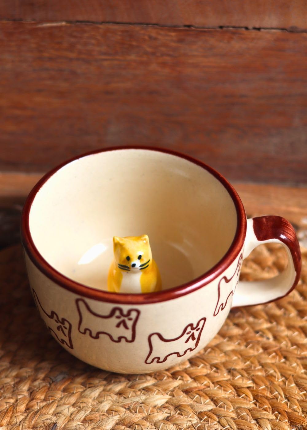 OCEAN STORE Large Cute Cat Surprise Ceramic Coffee Mug/Tea Cup - 3D Hidden Animal Figurine Inside | Microwave & Dishwasher Safe, Lead-Free | Perfect for Gifting (Cream/Brown) (1, 280ml Capacity)