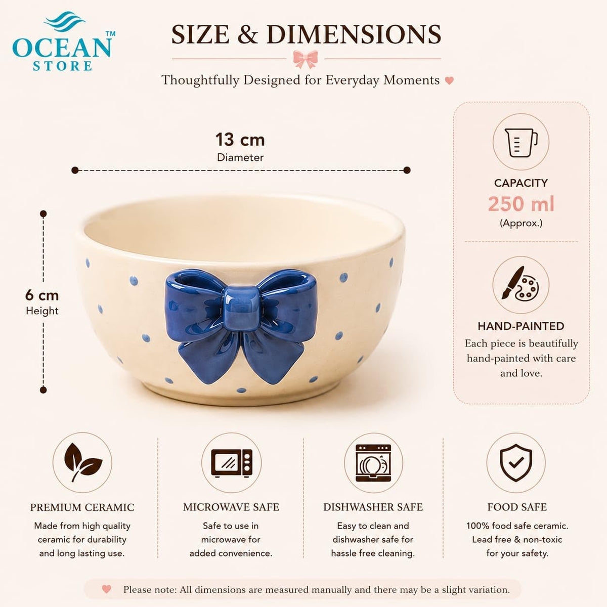 OCEAN STORE Cute Ceramic Bowl with Bow Accent, 250ml Hand-Painted Polka Dot Multipurpose Serving Bowl for Ice Cream, Soup, Snacks, and Noodles (Pink Bow, Set of 1)