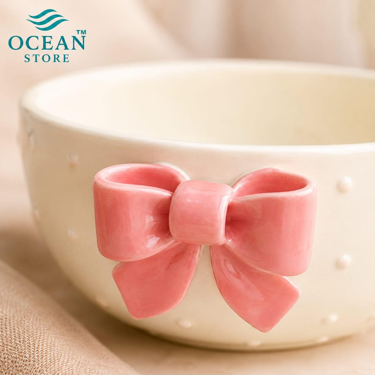 OCEAN STORE Cute Ceramic Bowl with Bow Accent, 250ml Hand-Painted Polka Dot Multipurpose Serving Bowl for Ice Cream, Soup, Snacks, and Noodles (Pink Bow, Set of 1)