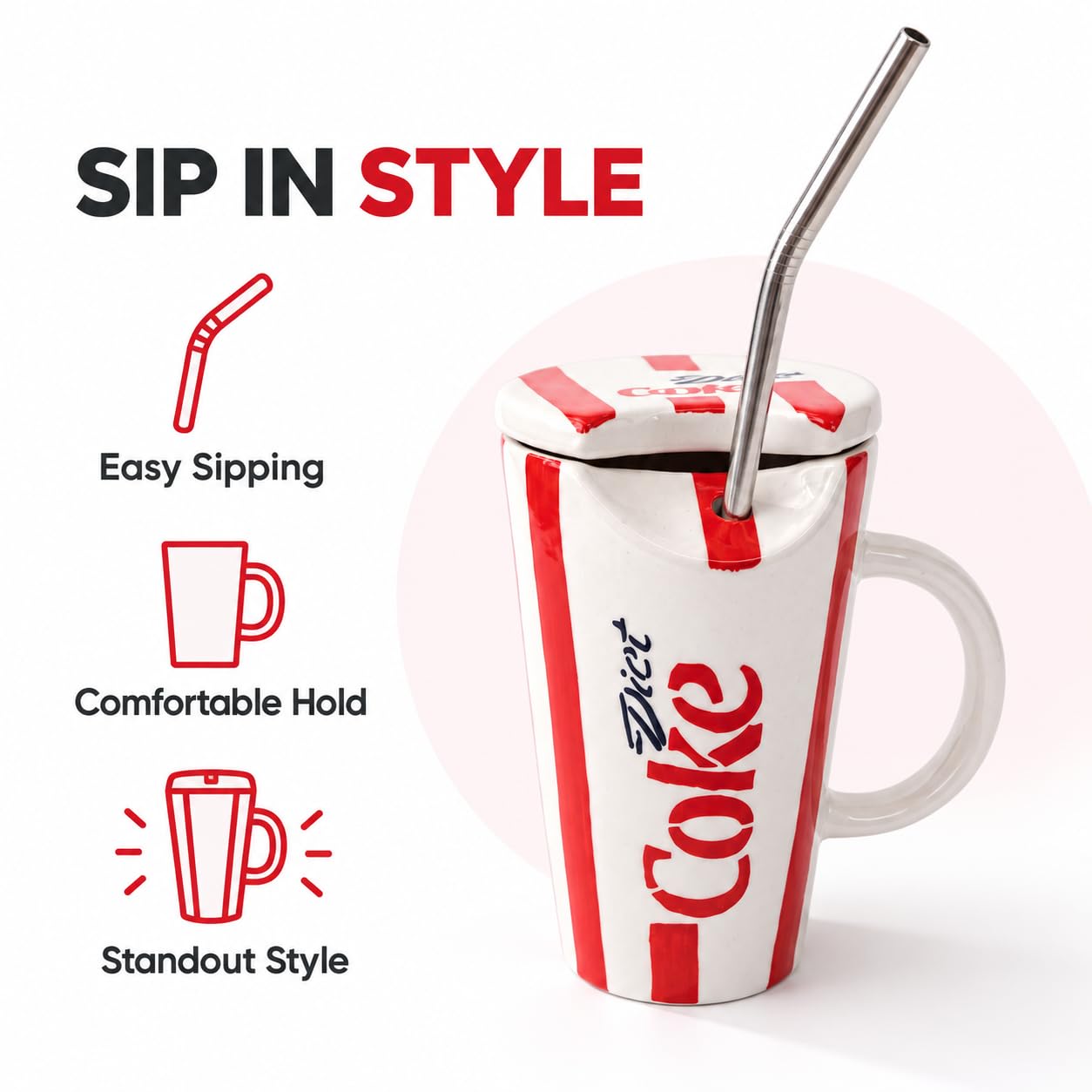 OCEAN STORE Ceramic Sipper Mug with Lid and Steel Straw, 400 ml, Red and White Striped Drinking Cup with Handle for Home and Office, Set of 1