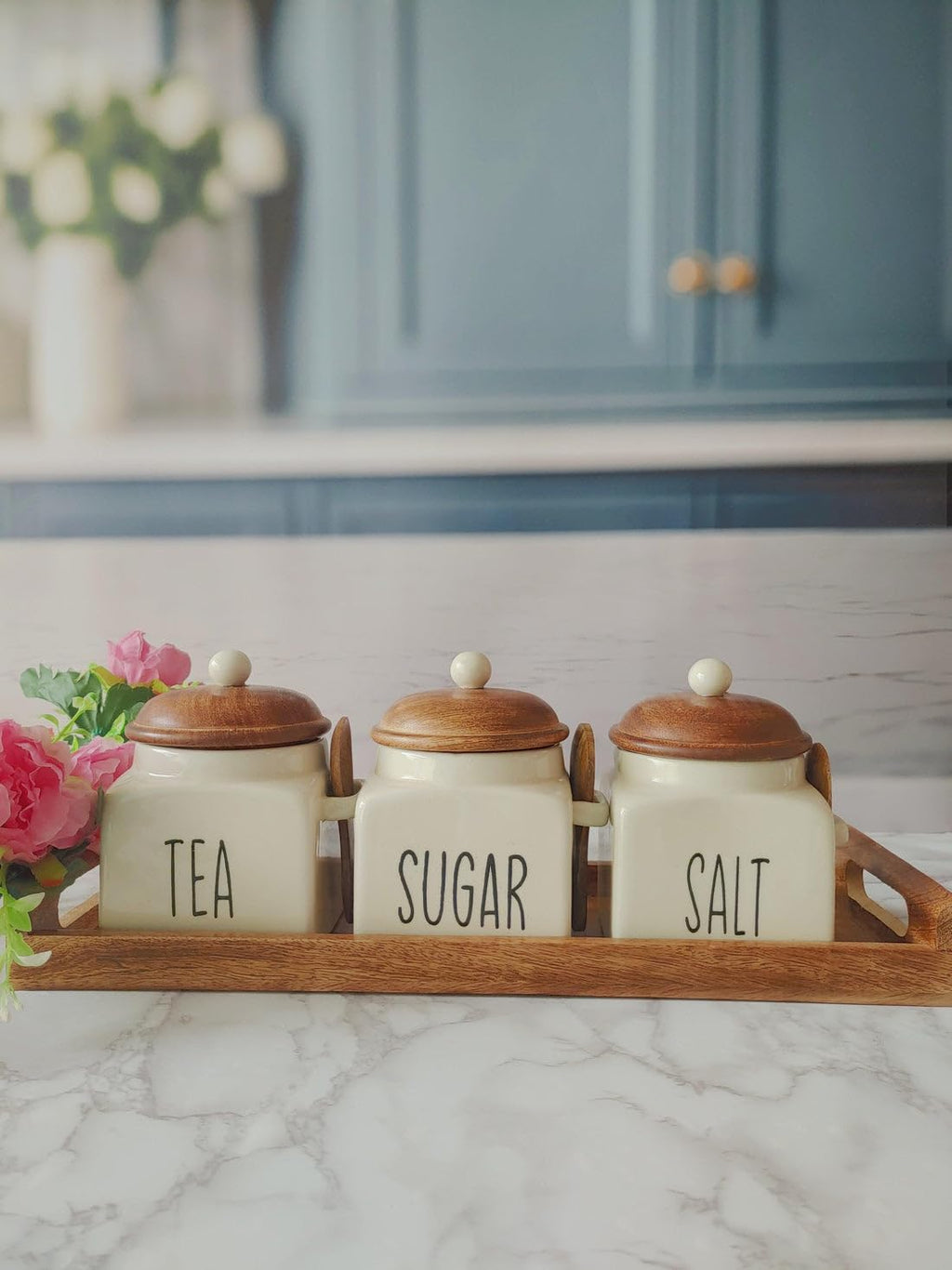 OCEAN STORE Ceramic Storage Canister with Wooden Lid, Cream, 900ml, Handcrafted Airtight Container with Screw-in Lid and Spoon Holder, Food Safe, Microwave Safe, BPA Free (1, Salt)