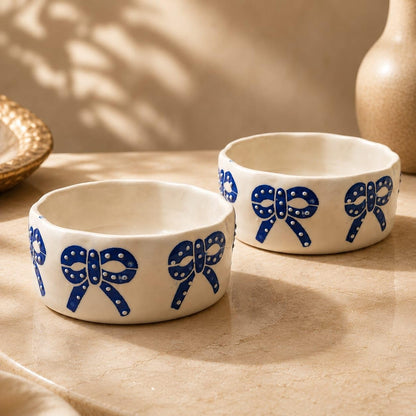 OCEAN STORE Ceramic Ribbon Bowl 250ml | Cute Hand-Painted Ribbon Bow Tie Snack and Serving Bowl | Microwave and Dishwasher Safe Ceramic Bowl (Blue Ribbon, Set of 1)