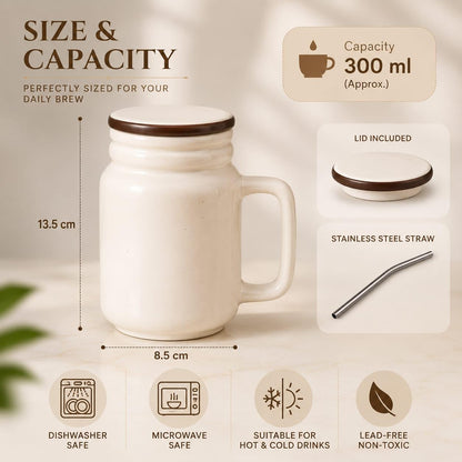 OCEAN STORE Ceramic Matte Mug with Secure Fit Lid & Stainless Steel Straw | 300 ml Jar Mug for Coffee, Tea & Cold Drinks | Microwave & Dishwasher Safe (Set of 1)