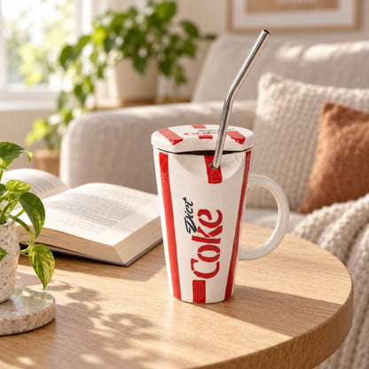 OCEAN STORE Ceramic Sipper Mug with Lid and Steel Straw, 400 ml, Red and White Striped Drinking Cup with Handle for Home and Office, Set of 1