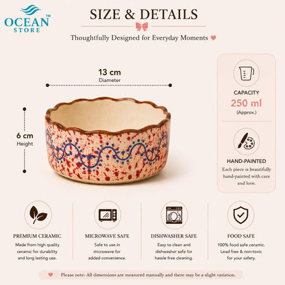 OCEAN STORE Ceramic Multipurpose Bowl 250ml - Hand-Painted Wavy Rim Serving Bowl for Ice Cream, Soup, Snacks, Fruits, Noodles - Microwave & Dishwasher Safe, Food Grade, Chip-Resistant (Single Piece)