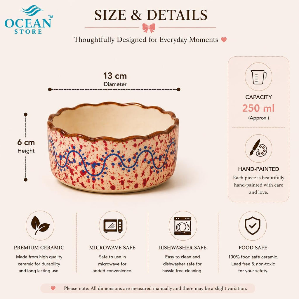 OCEAN STORE Ceramic Multipurpose Bowl 250ml - Hand-Painted Wavy Rim Serving Bowl for Ice Cream, Soup, Snacks, Fruits, Noodles - Microwave & Dishwasher Safe, Food Grade, Chip-Resistant (Single Piece)
