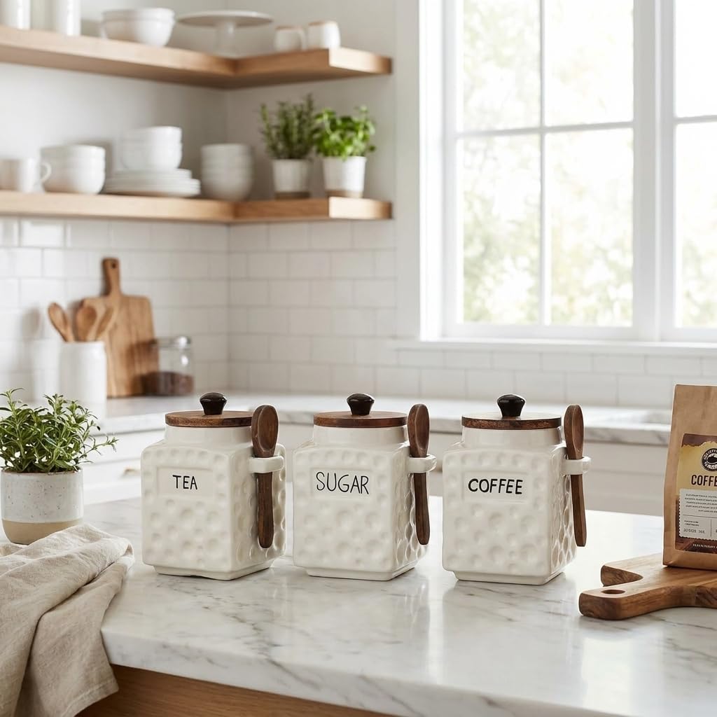 OCEAN STORE Ceramic Dotted Jar Set of 3 with Wooden Lids & Spoons - Airtight Kitchen Storage Canisters for (Sugar + Salt + Coffee)