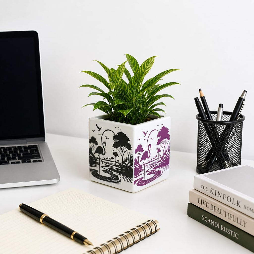 OCEAN STORE Ceramic Square Flower Pot - 10cm Flamingo Design Planter with Drainage Hole for Succulents, Herbs, Indoor Home & Office Decor