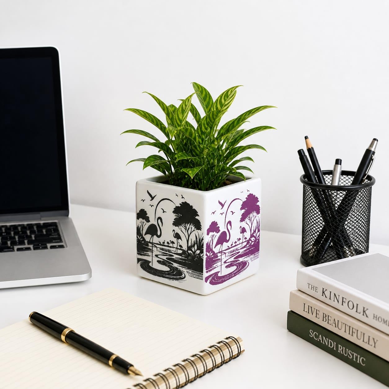 OCEAN STORE Ceramic Square Flower Pot - 10cm Flamingo Design Planter with Drainage Hole for Succulents, Herbs, Indoor Home & Office Decor