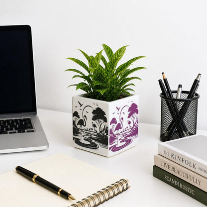 OCEAN STORE Ceramic Square Flower Pot - 10cm Flamingo Design Planter with Drainage Hole for Succulents, Herbs, Indoor Home & Office Decor