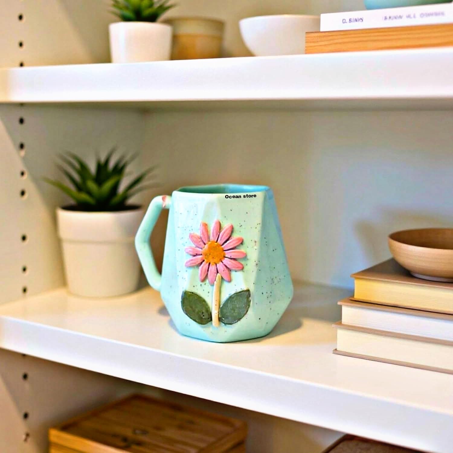 OCEAN STORE Ceramic Hexagonal Flower 240ml Coffee Mug – 3D Floral Design, Aesthetic Hand-Painted Tea Cup for Home & Office, Unique Gift for Women & Girls (Light Green)