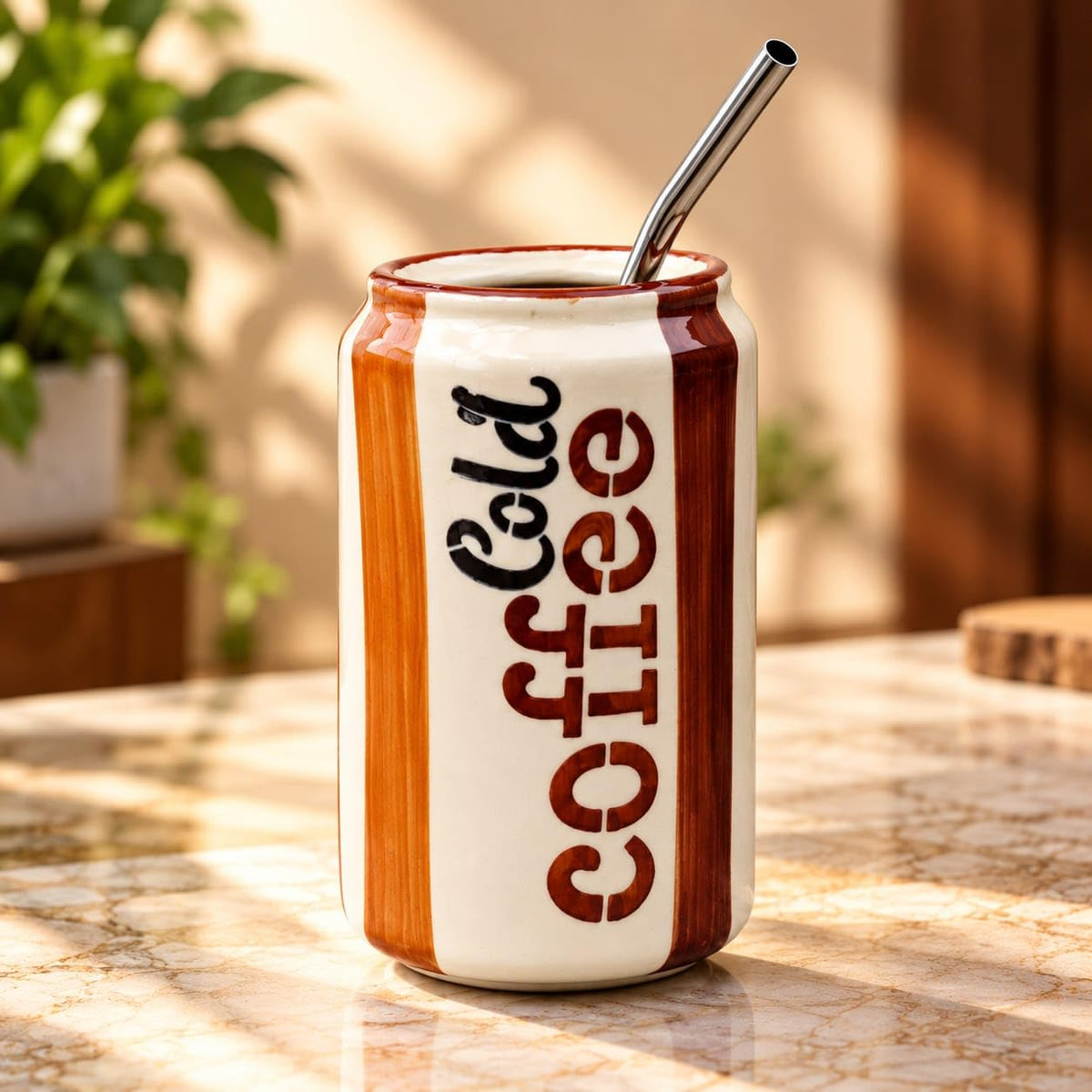 OCEAN STORE Ceramic Can Shaped Sipper with Reusable Metal Straw, 350 ml, Cold Coffee Print, Striped Tumbler for Iced Drinks, Cream and Brown