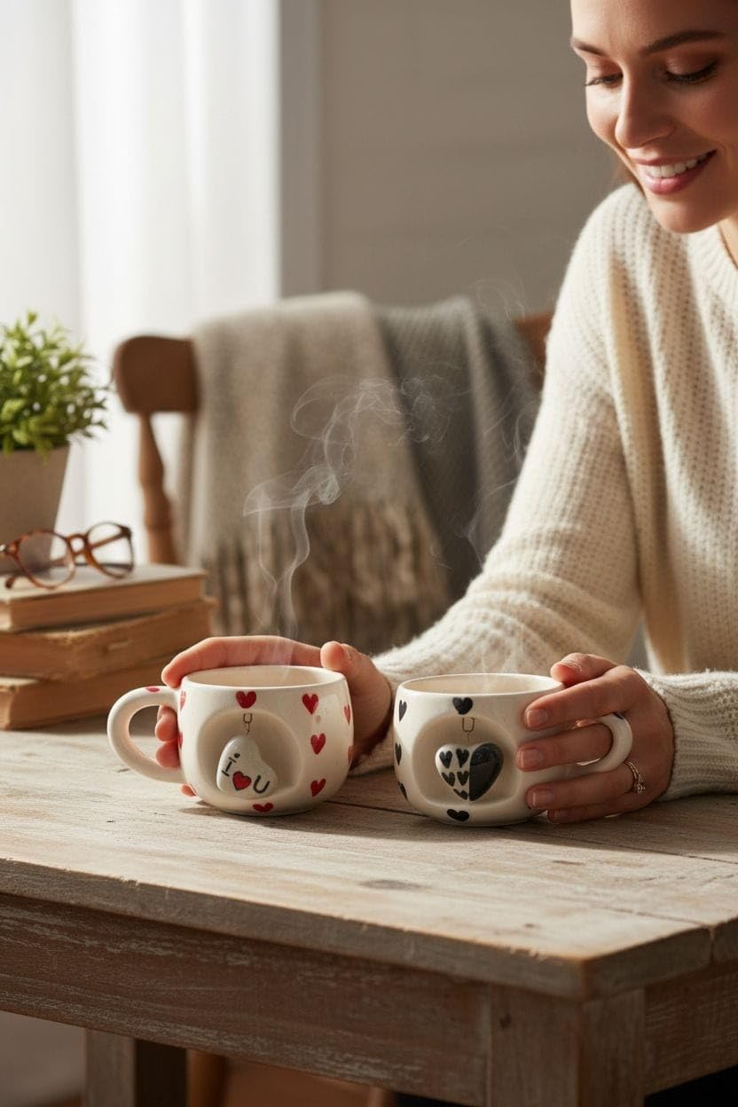 OCEAN STORE Ceramic Coffee Mug 350ml with 3D Hanging Heart Pendant, Hand-Painted Heart Patterns, Speckled Finish, Dangling Charm (1, White & Red)