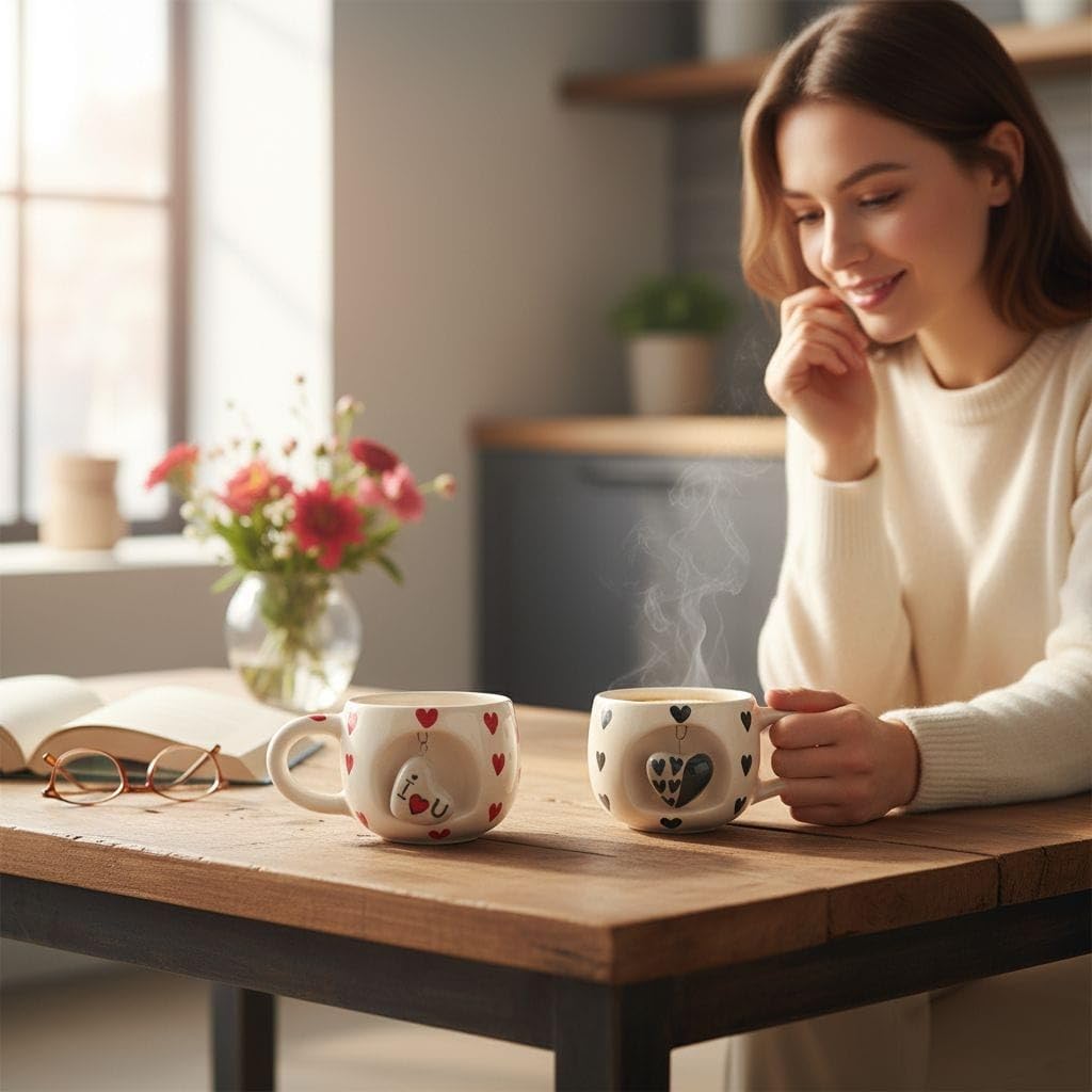 OCEAN STORE Ceramic Coffee Mug 350ml with 3D Hanging Heart Pendant, Hand-Painted Heart Patterns, Speckled Finish, Dangling Charm (1, White & Red)