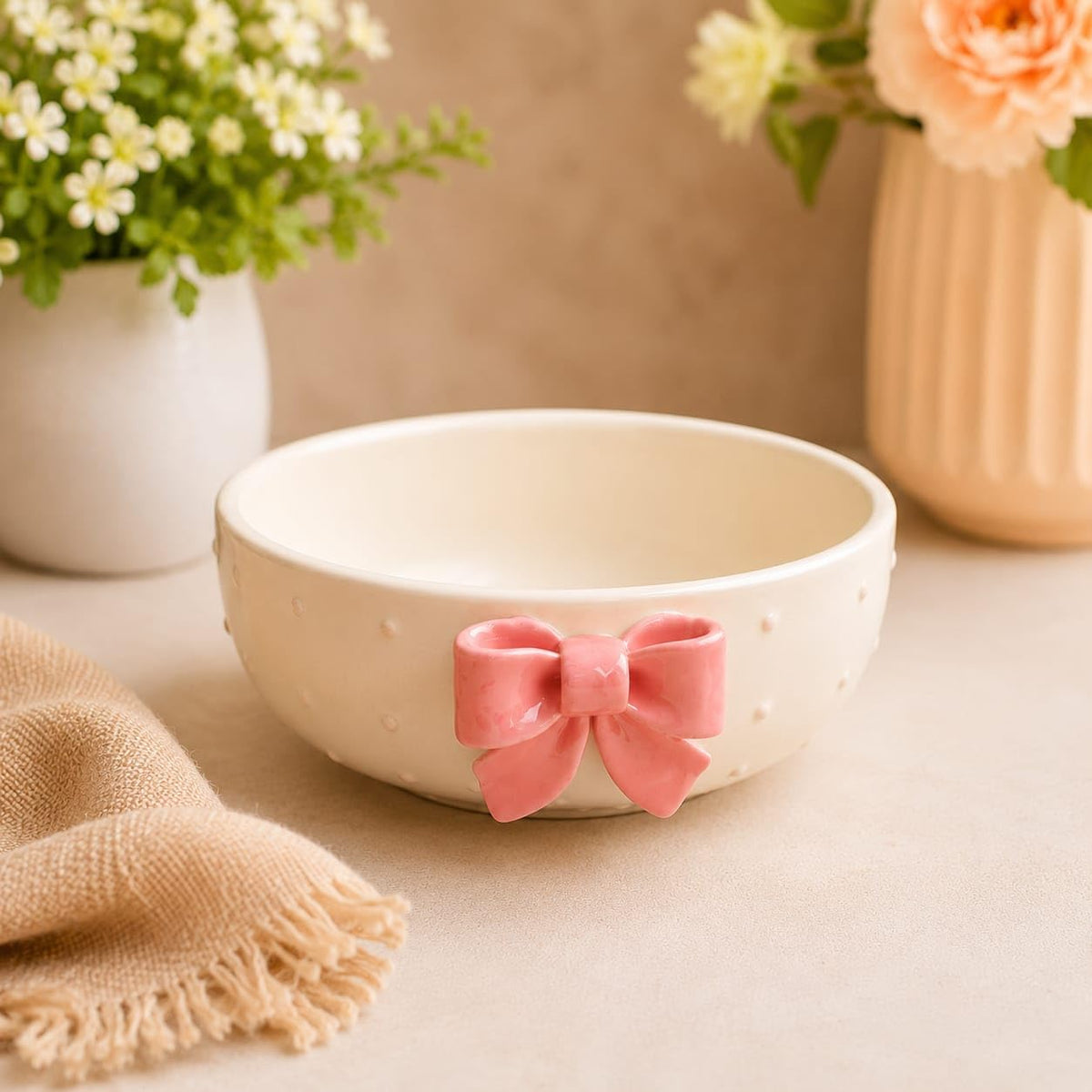 OCEAN STORE Cute Ceramic Bowl with Bow Accent, 250ml Hand-Painted Polka Dot Multipurpose Serving Bowl for Ice Cream, Soup, Snacks, and Noodles (Pink Bow, Set of 1)