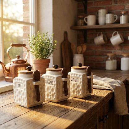 OCEAN STORE Ceramic Dotted Jar Set of 3 with Wooden Lids & Spoons - Airtight Kitchen Storage Canisters for (Sugar + Salt + Coffee)