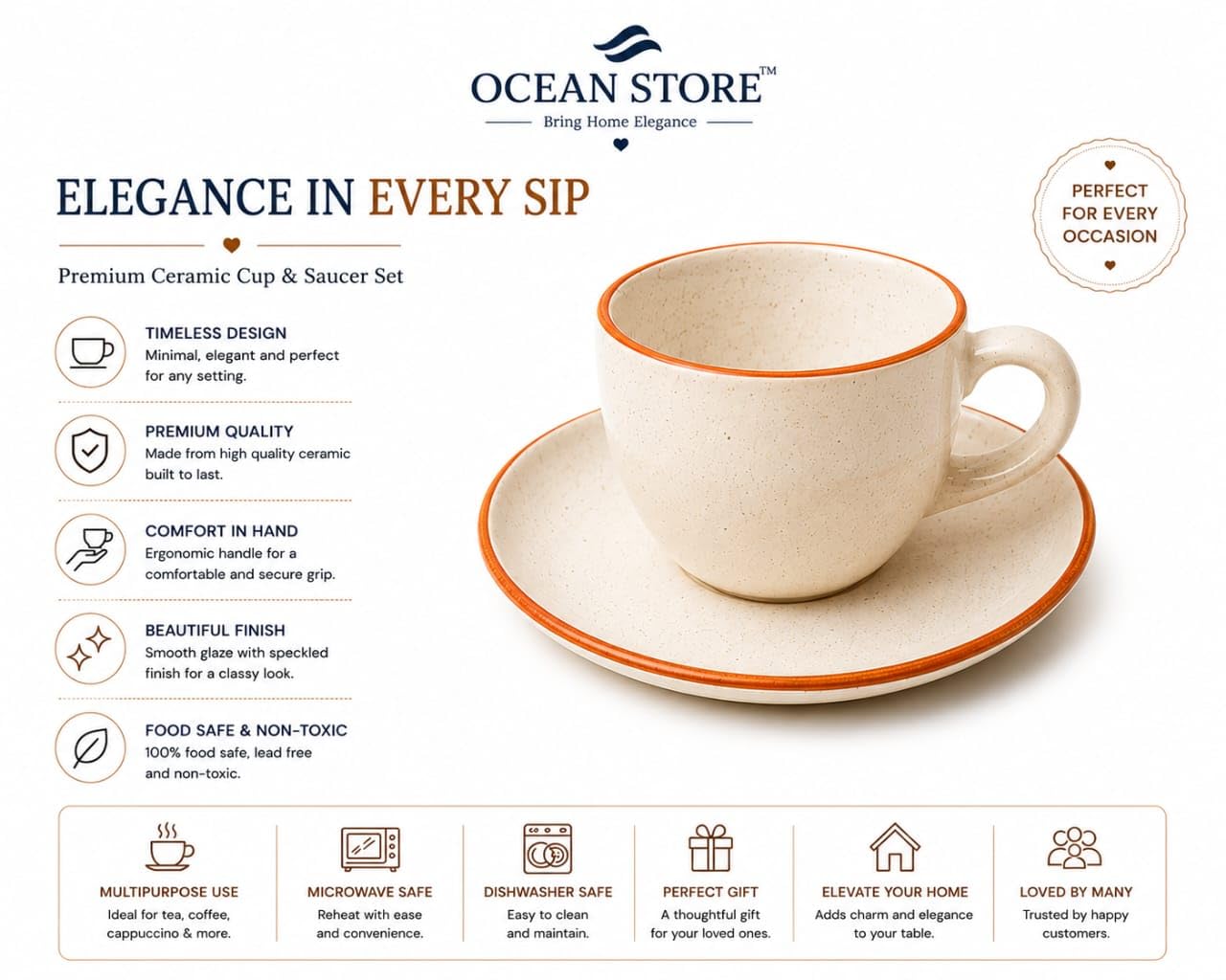 OCEAN STORE Ceramic Natural White Dotted Tea Cup and Saucer | 75 ML Capacity | Durable Stoneware for Espresso, Tea, and Herbal Infusions | Microwave & Dishwasher Safe, Antique Style (2)