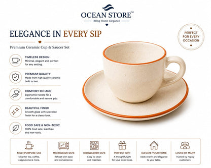 OCEAN STORE Ceramic Natural White Dotted Tea Cup and Saucer | 75 ML Capacity | Durable Stoneware for Espresso, Tea, and Herbal Infusions | Microwave & Dishwasher Safe, Antique Style (2)