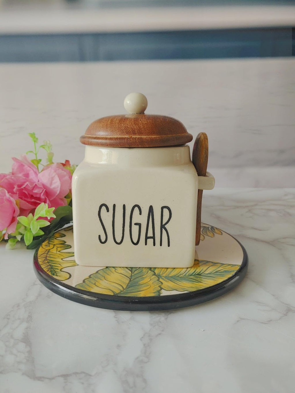 OCEAN STORE Ceramic Storage Canister with Wooden Lid, Cream, 900ml, Handcrafted Airtight Container with Screw-in Lid and Spoon Holder, Food Safe, Microwave Safe, BPA Free (1, Salt)