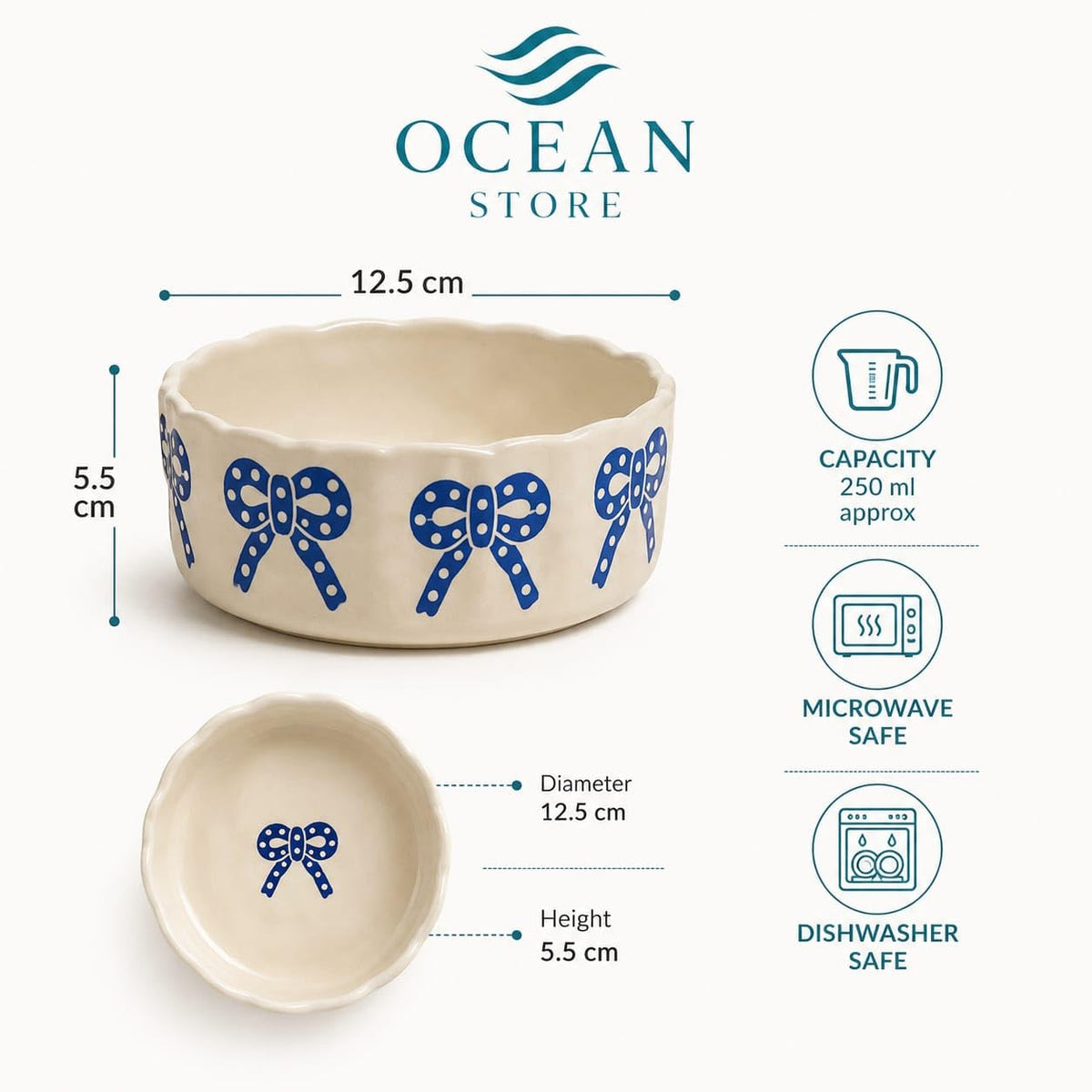 OCEAN STORE Ceramic Ribbon Bowl 250ml | Cute Hand-Painted Ribbon Bow Tie Snack and Serving Bowl | Microwave and Dishwasher Safe Ceramic Bowl (Blue Ribbon, Set of 1)