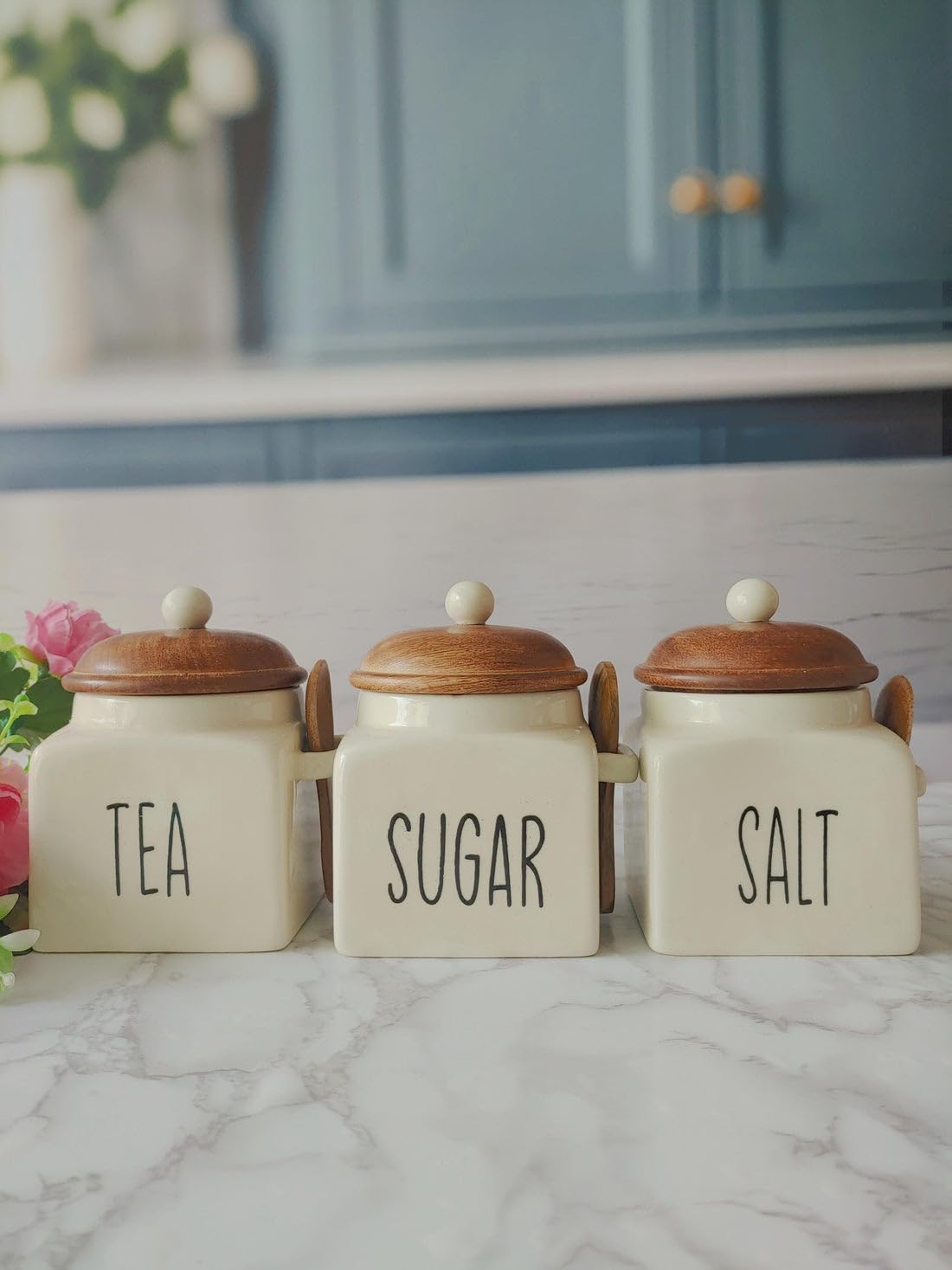 OCEAN STORE Ceramic Storage Canister with Wooden Lid, Cream, 900ml, Handcrafted Airtight Container with Screw-in Lid and Spoon Holder, Food Safe, Microwave Safe, BPA Free (1, Salt)