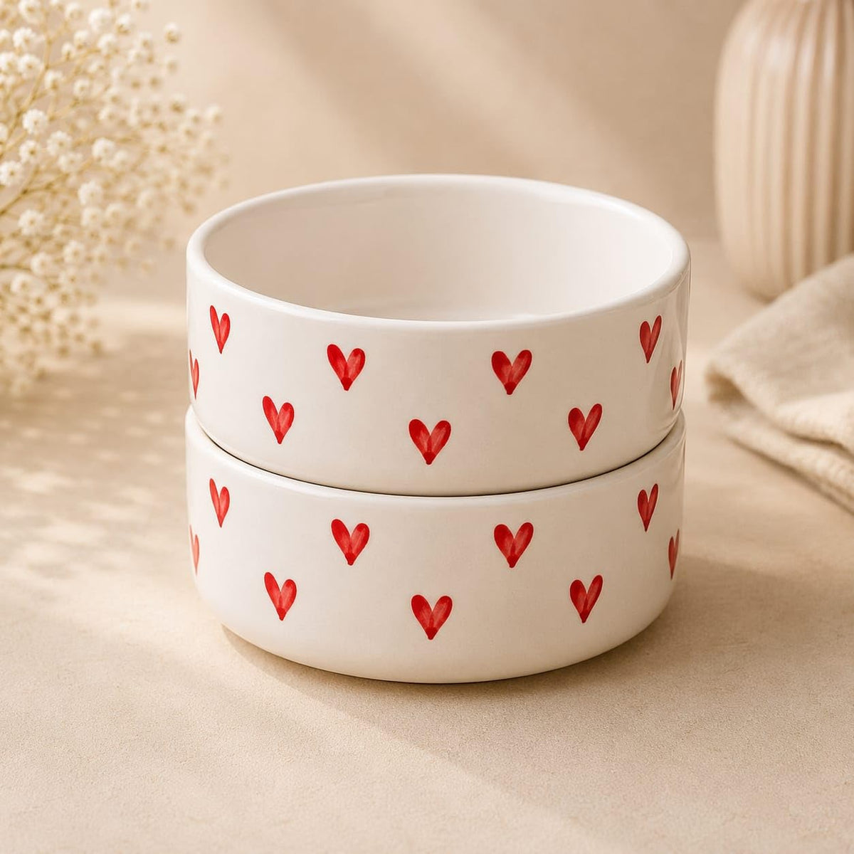 OCEAN STORE Ceramic Bowl with Hand-Painted Red Hearts, 250ml, Microwave & Dishwasher Safe, for Snacks, Fruits, Desserts (Set of 1)