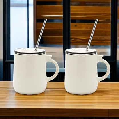 OCEAN STORE Ceramic Tumbler Mug with Lid and Stainless Steel Straw, White, 450ml, Cute Kitten Design, for Hot and Cold Drinks (Pack of 1) (Pack of 1)