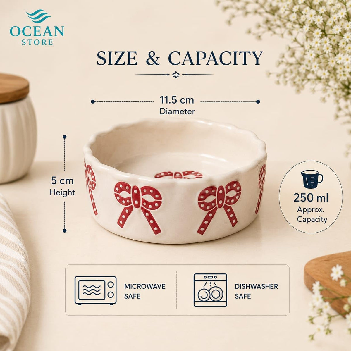 OCEAN STORE Ceramic Ribbon Bowl 250ml | Cute Hand-Painted Ribbon Bow Tie Snack and Serving Bowl | Microwave and Dishwasher Safe Ceramic Bowl (Blue Ribbon, Set of 1)