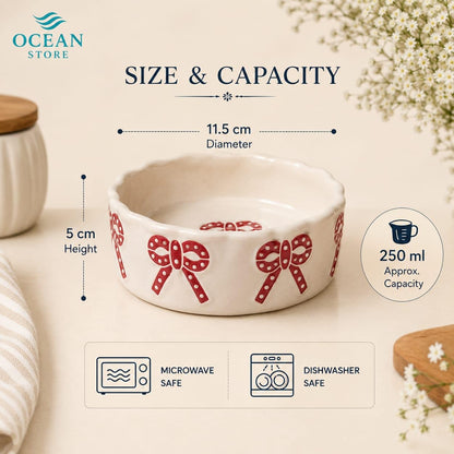 OCEAN STORE Ceramic Ribbon Bowl 250ml | Cute Hand-Painted Ribbon Bow Tie Snack and Serving Bowl | Microwave and Dishwasher Safe Ceramic Bowl (Blue Ribbon, Set of 1)
