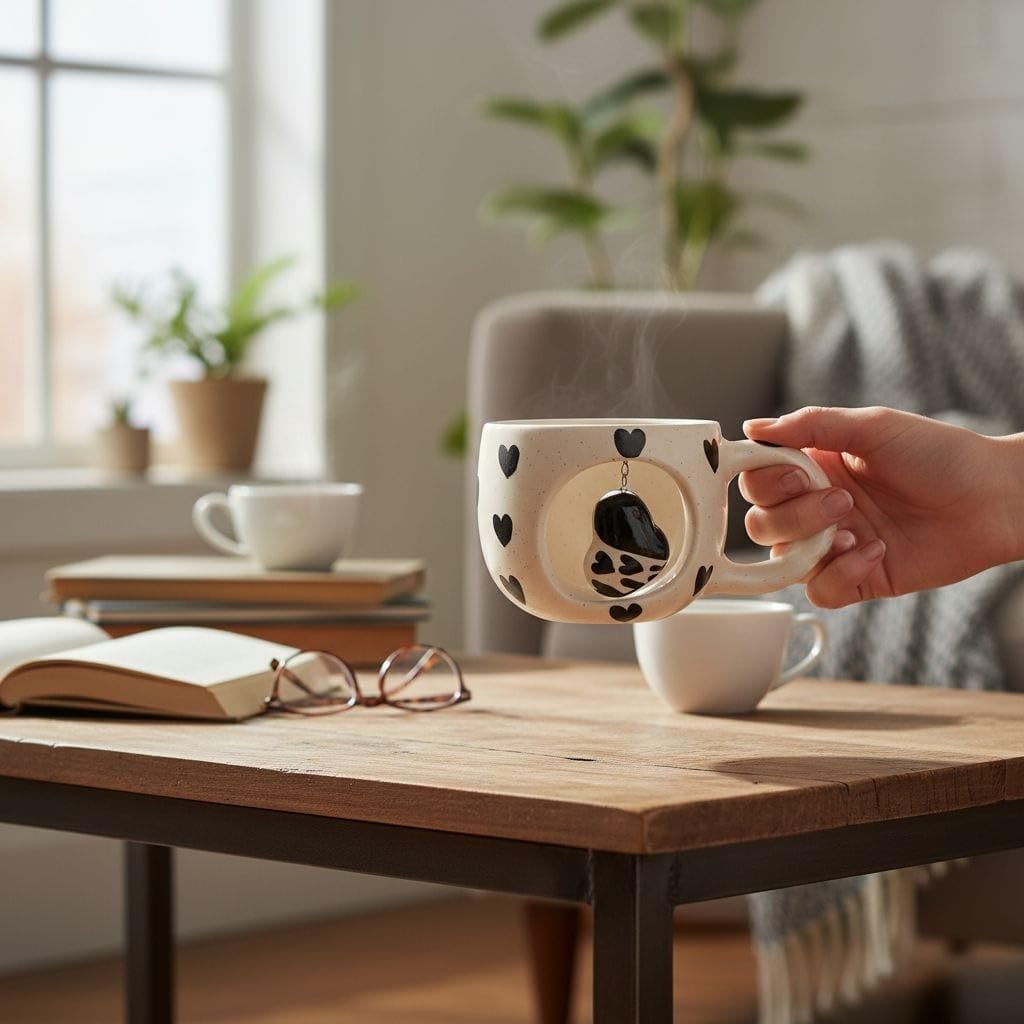 OCEAN STORE Ceramic Coffee Mug 350ml with 3D Hanging Heart Pendant, Hand-Painted Heart Patterns, Speckled Finish, Dangling Charm (1, White & Red)