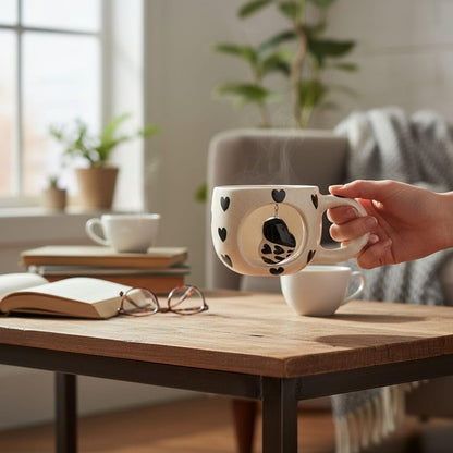 OCEAN STORE Ceramic Coffee Mug 350ml with 3D Hanging Heart Pendant, Hand-Painted Heart Patterns, Speckled Finish, Dangling Charm (1, White & Red)